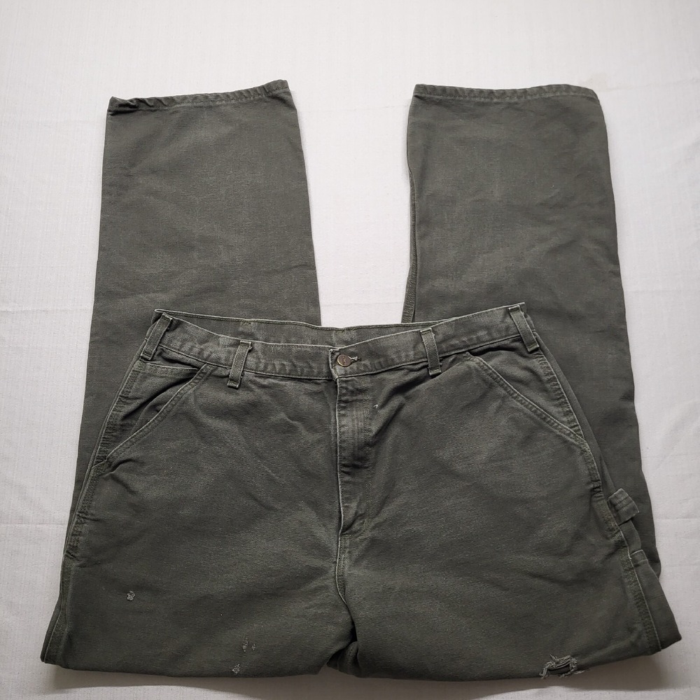 Carhartt Canvas Work Pants Mens Actual 36/33 Green Relaxed Carpenter Distressed